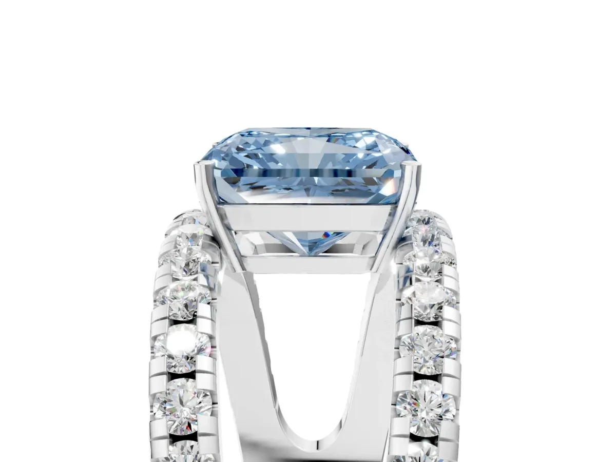 Fancy Blue Radiant Cut Solitaire Split Shank Pave Diamond Ring Platinum