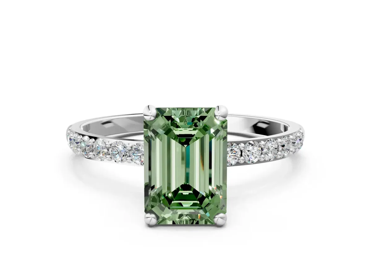 Fancy Green Emerald Cut Diamond Solitaire Ring with Round Pavé Band and Prong Setting Silver