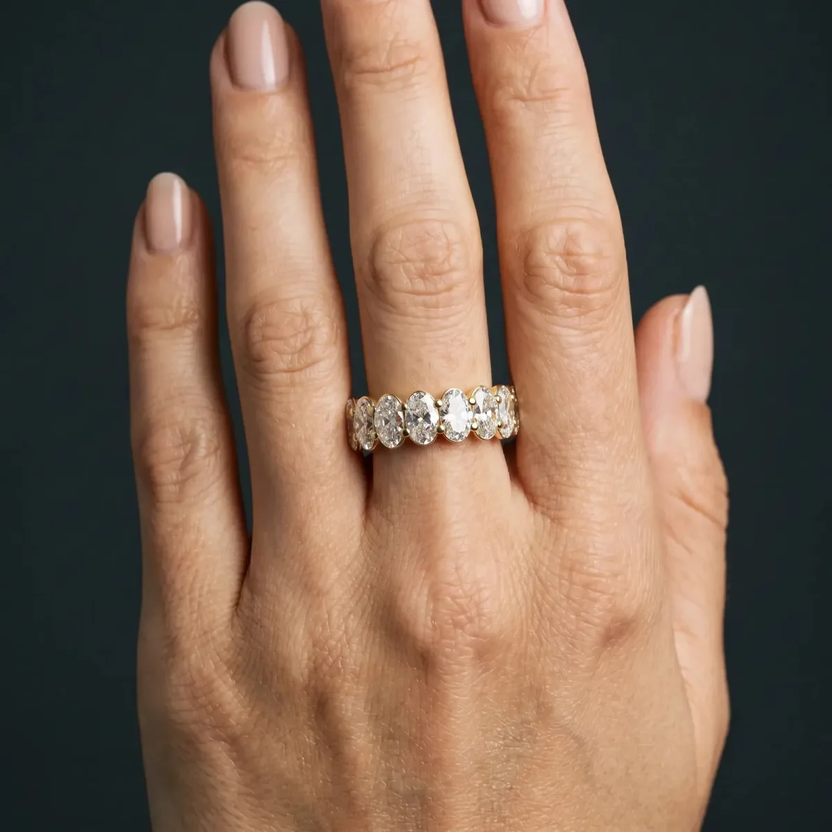 Oval Cut Diamond Eternity Band with Shared Prong Setting Yellow gold