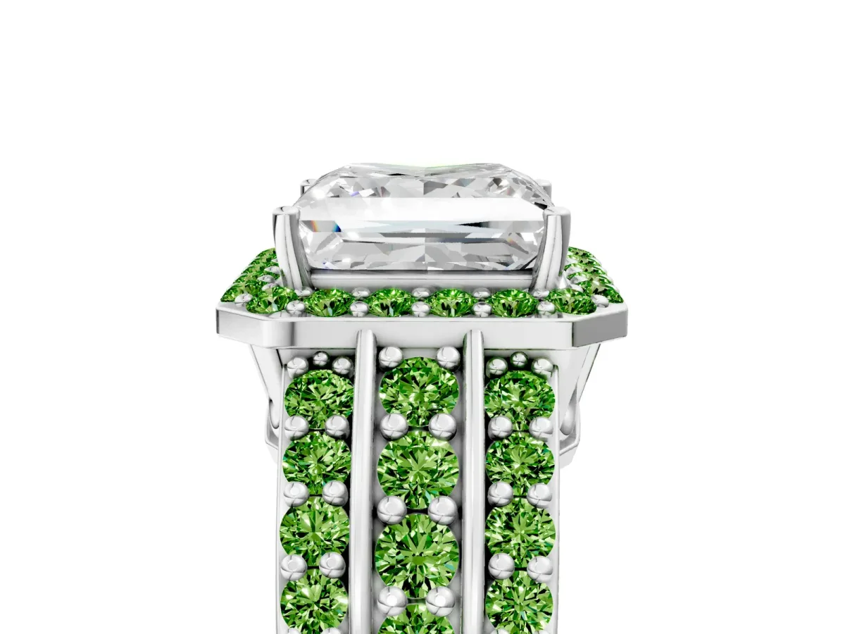 Princess Cut Halo Diamond Ring with Round Peridot Split Shank and Prong Setting Silver