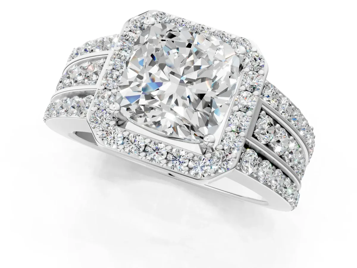 Cushion Cut Halo Diamond Ring with Round Split Shank and Prong Setting Platinum