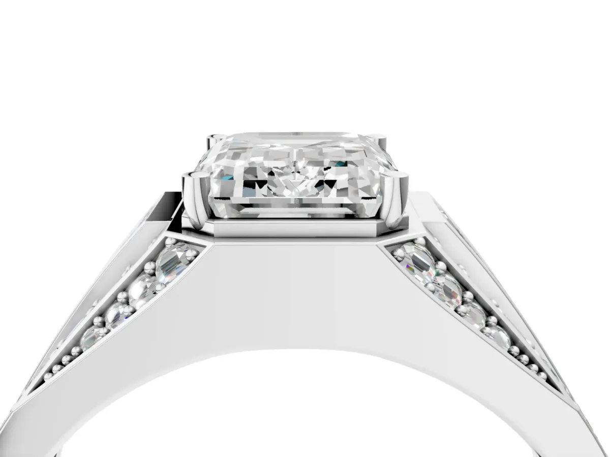 Emerald Cut Diamond Mens Ring with Baguette Side Stones Silver