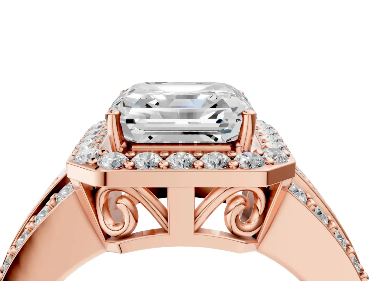 Asscher Cut Halo Diamond Ring with Round Split Shank and Prong Setting Rose gold