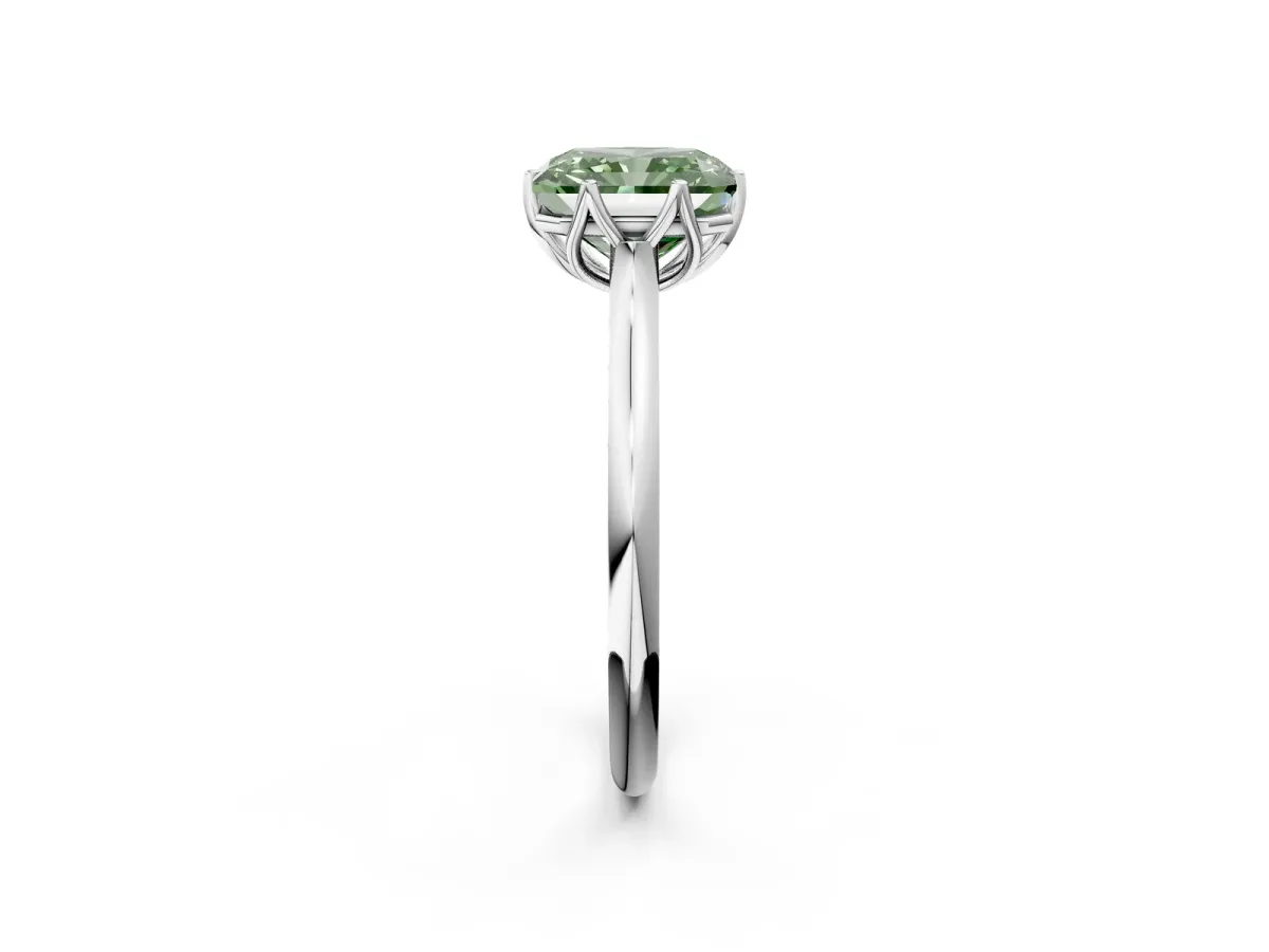 Fancy Green Radiant Cut Solitaire Cathedral Diamond Ring with Six-Prong Setting Platinum