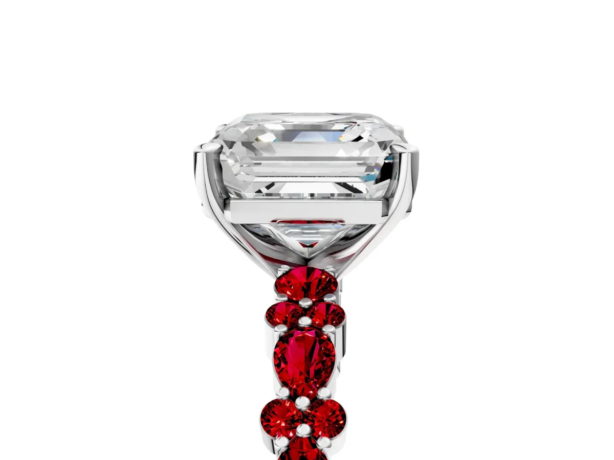 Asscher Cut Diamond Side Stone Solitaire Ring with Round Ruby and Four-Prong Setting Silver
