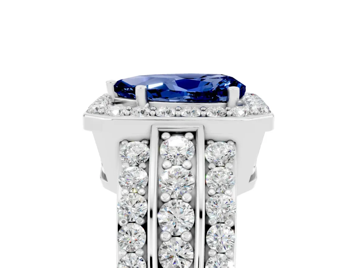 Pear Cut Halo Blue Sapphire Ring with Round Split Shank and Prong Setting Platinum