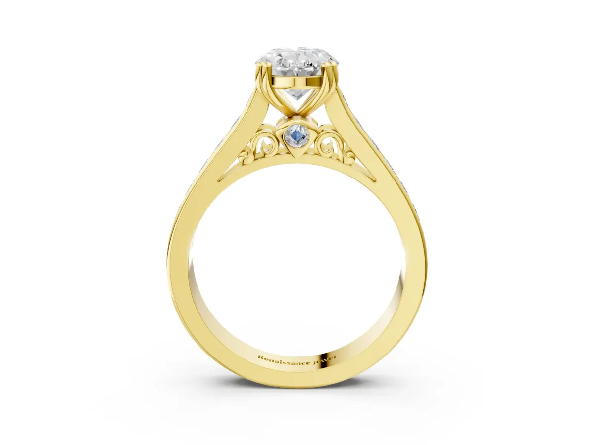 Oval Cut Cut Channel Set Solitaire Engagement Ring with Prong Setting Yellow gold