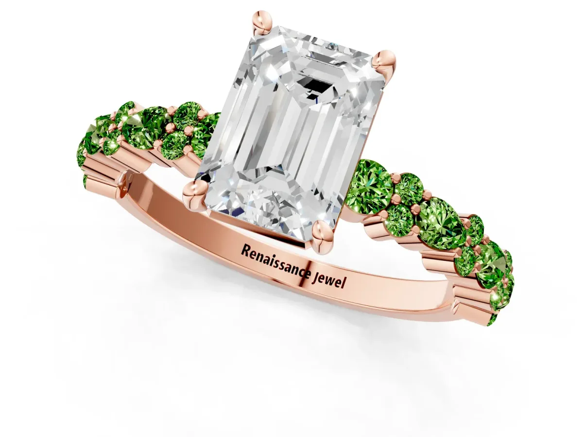 Emerald Cut Diamond Side Stone Solitaire Ring with Round Peridot and Four-Prong Setting Rose gold