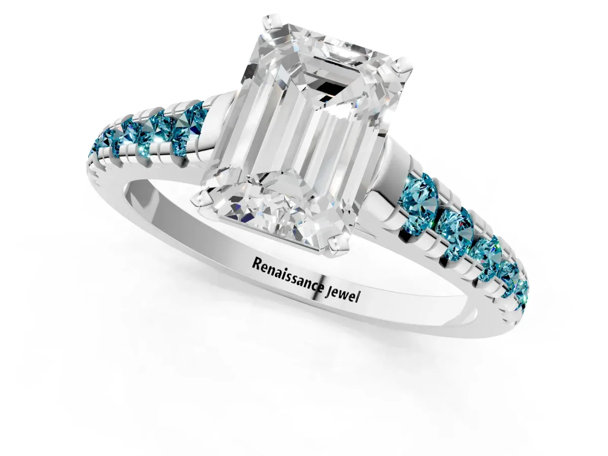 Emerald Cut Diamond Cathedral Solitaire Ring with Round Blue Topaz Pavé Band Silver
