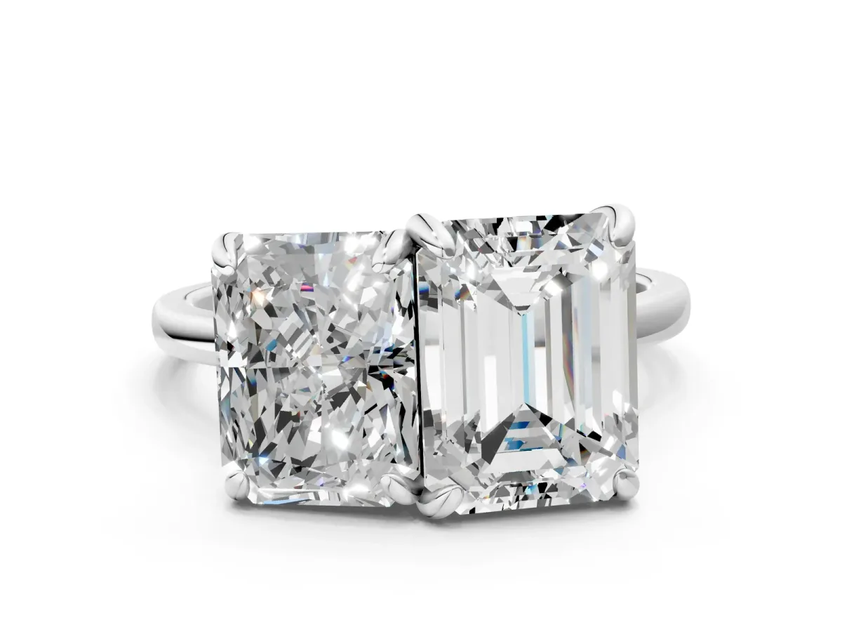 Emerald and Radiant Toi Moi Ring with Prong Setting and Plain Band Platinum