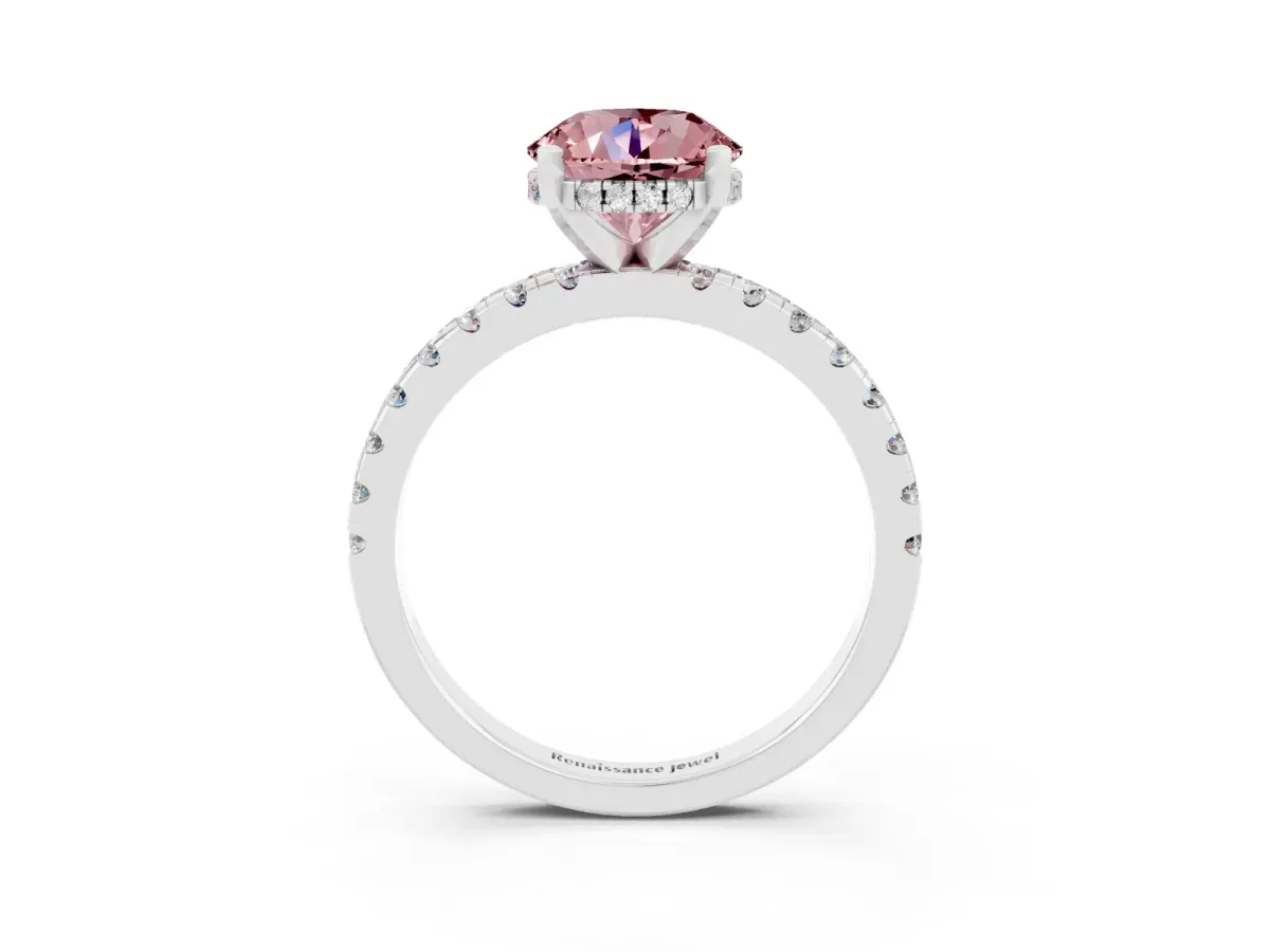 Round Cut Morganite Solitaire Ring with Round Pavé Band and Four-Prong Setting Silver