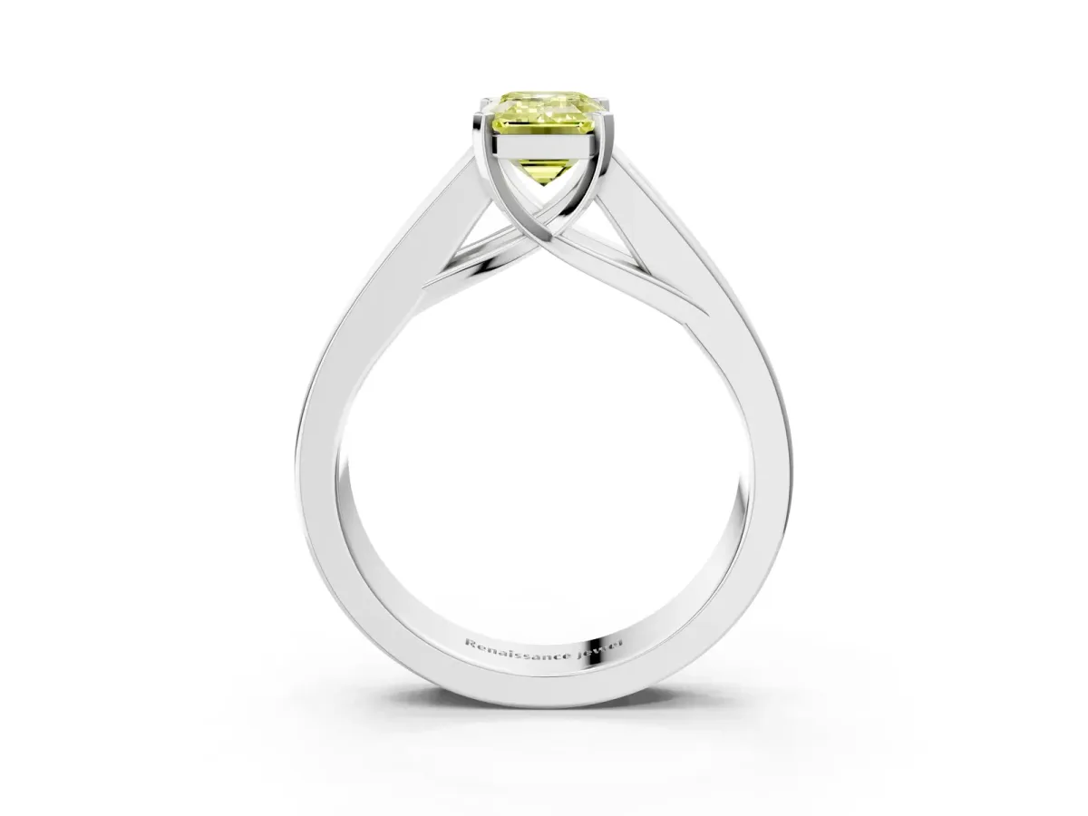 Fancy Yellow Emerald Cut Cut Channel Set Solitaire Ring with Four-Prong Setting Silver