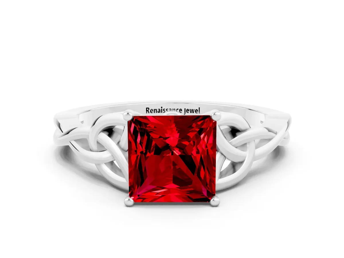 Princess Cut Ruby Solitaire Engagement Ring with Celtic Knot Band and Four-Prong Setting White gold