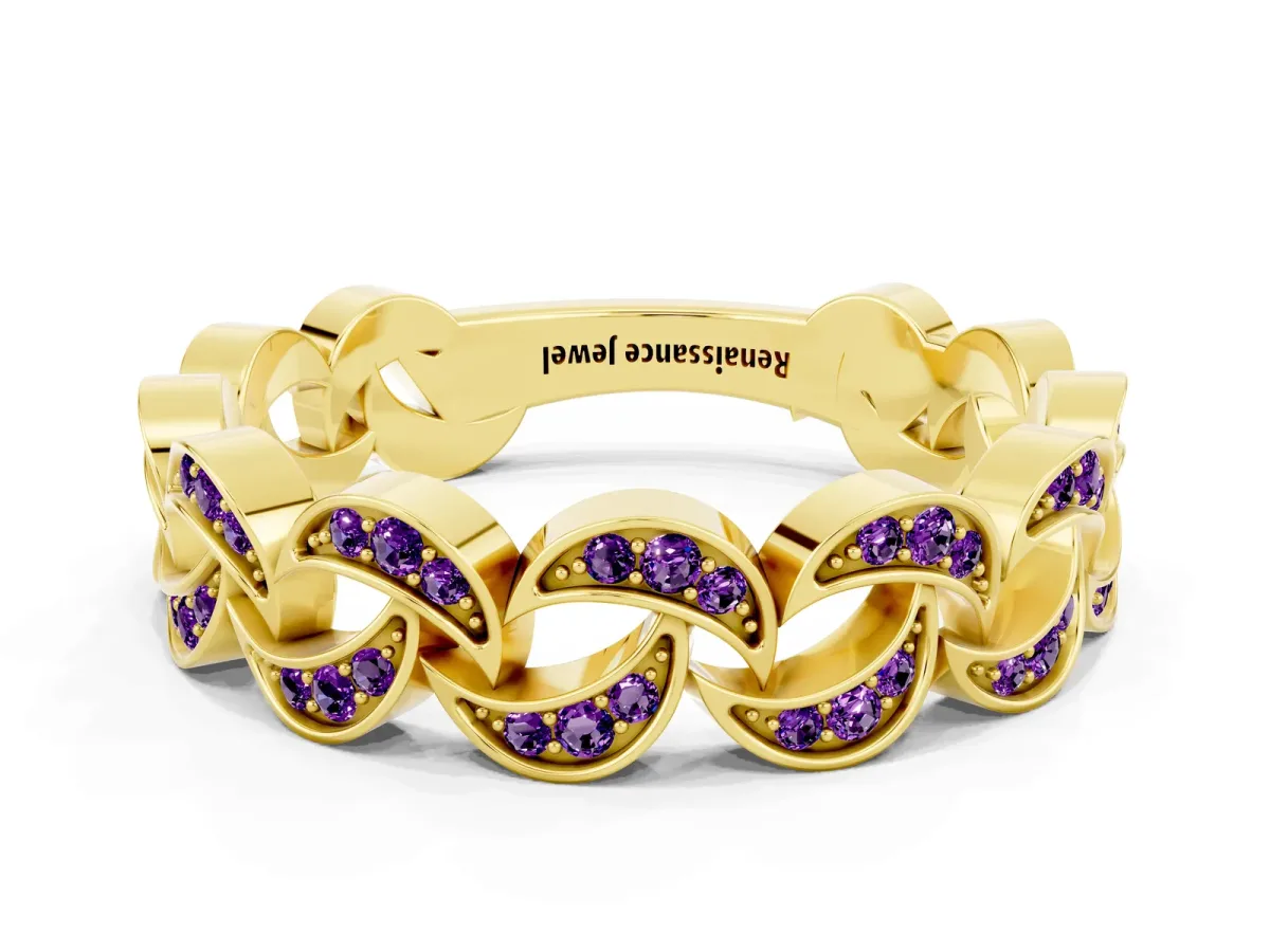 Pavé Round Amethyst Interlocking Eternity Band with Bezel Prong Setting Yellow gold