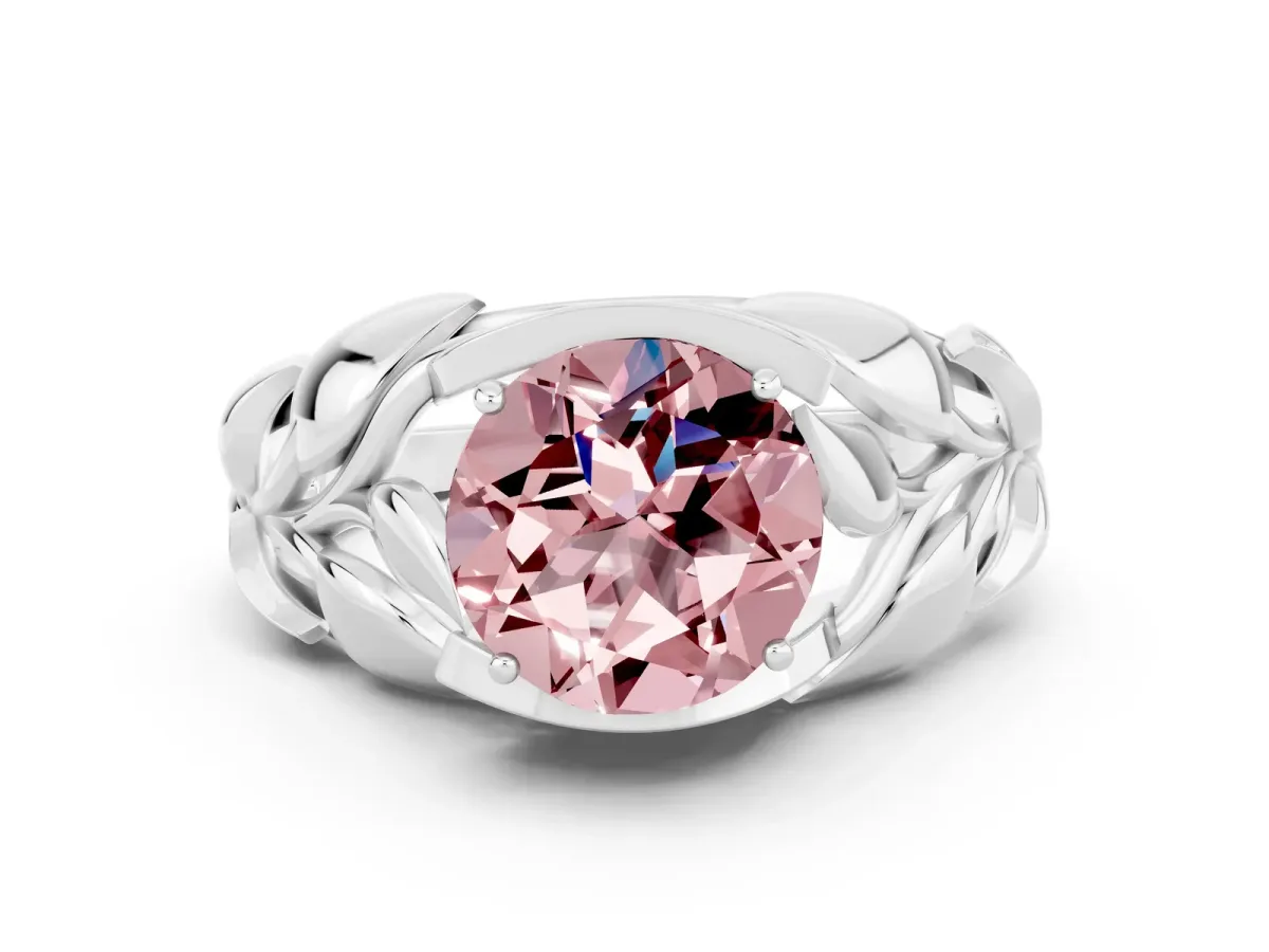 Round Cut Morganite Leaf-Inspired Engagement Ring with Round Accents and Prong Setting Silver