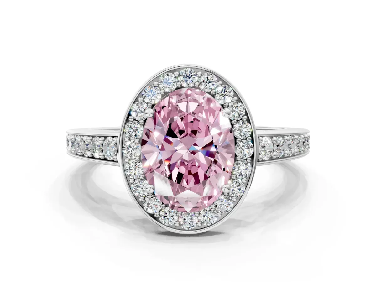 Fancy Pink Oval Cut Halo Pavé Diamond Engagement Ring with Bezel Setting Silver