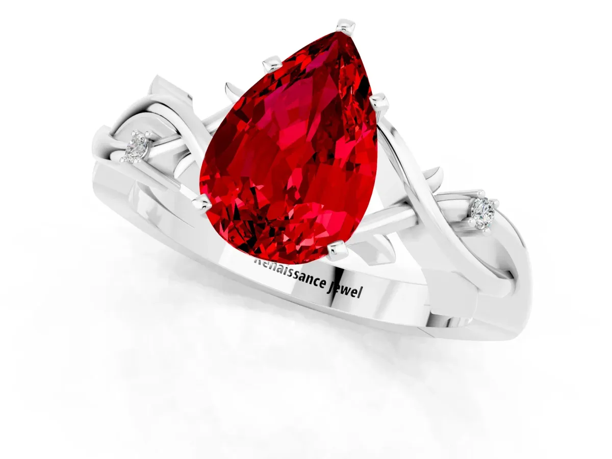 Pear Cut Ruby Solitaire Ring with Twisted Band and Prong Setting Silver