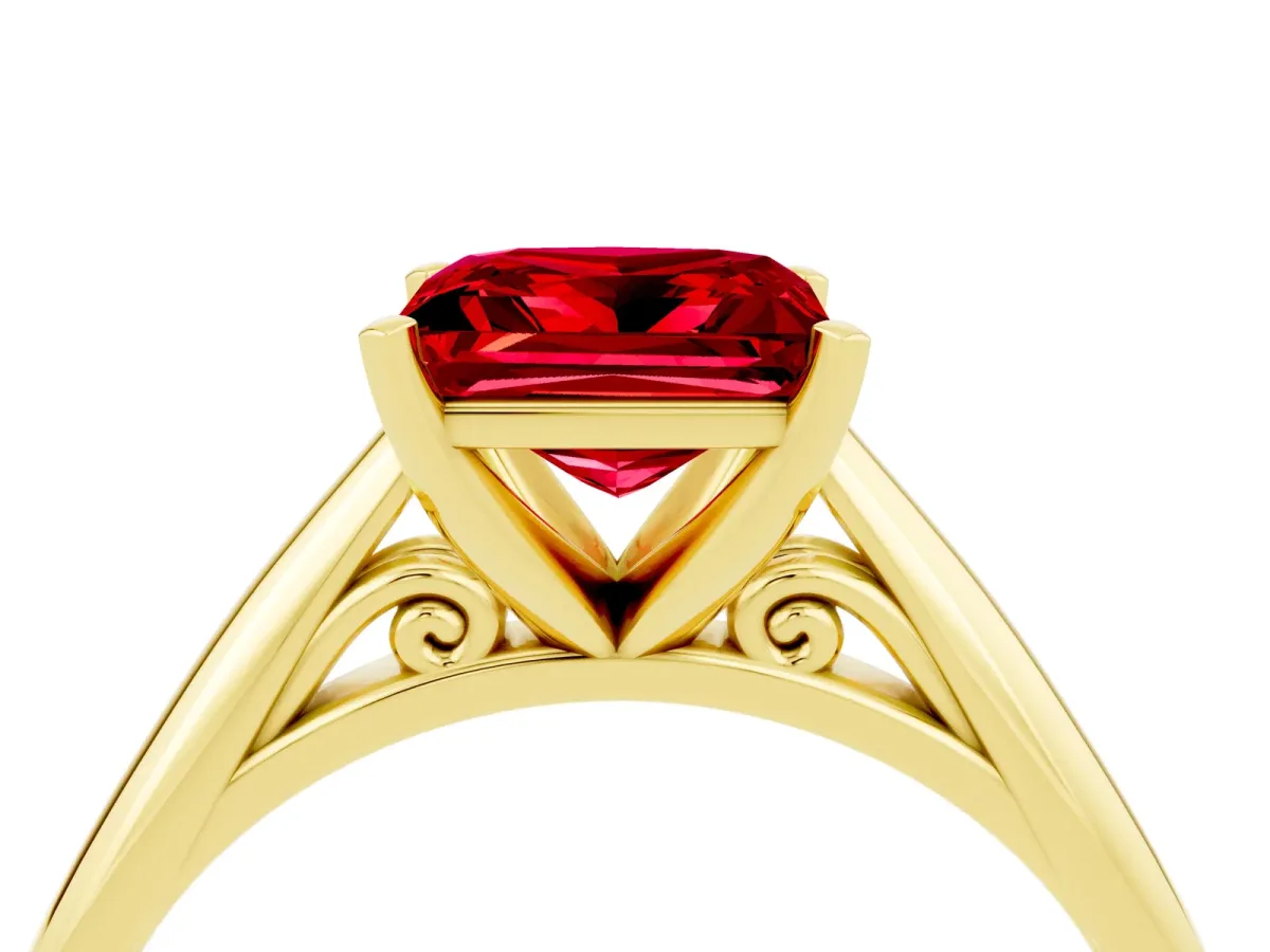 Princess Cut Ruby Solitaire Engagement Ring with Cathedral Setting and Four-Prong Mount Yellow gold