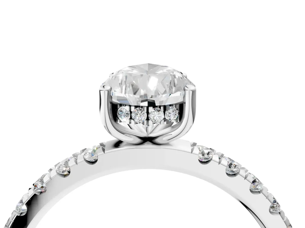Pear Cut Diamond Pave Band Solitaire Ring with Round and Prong Setting Platinum