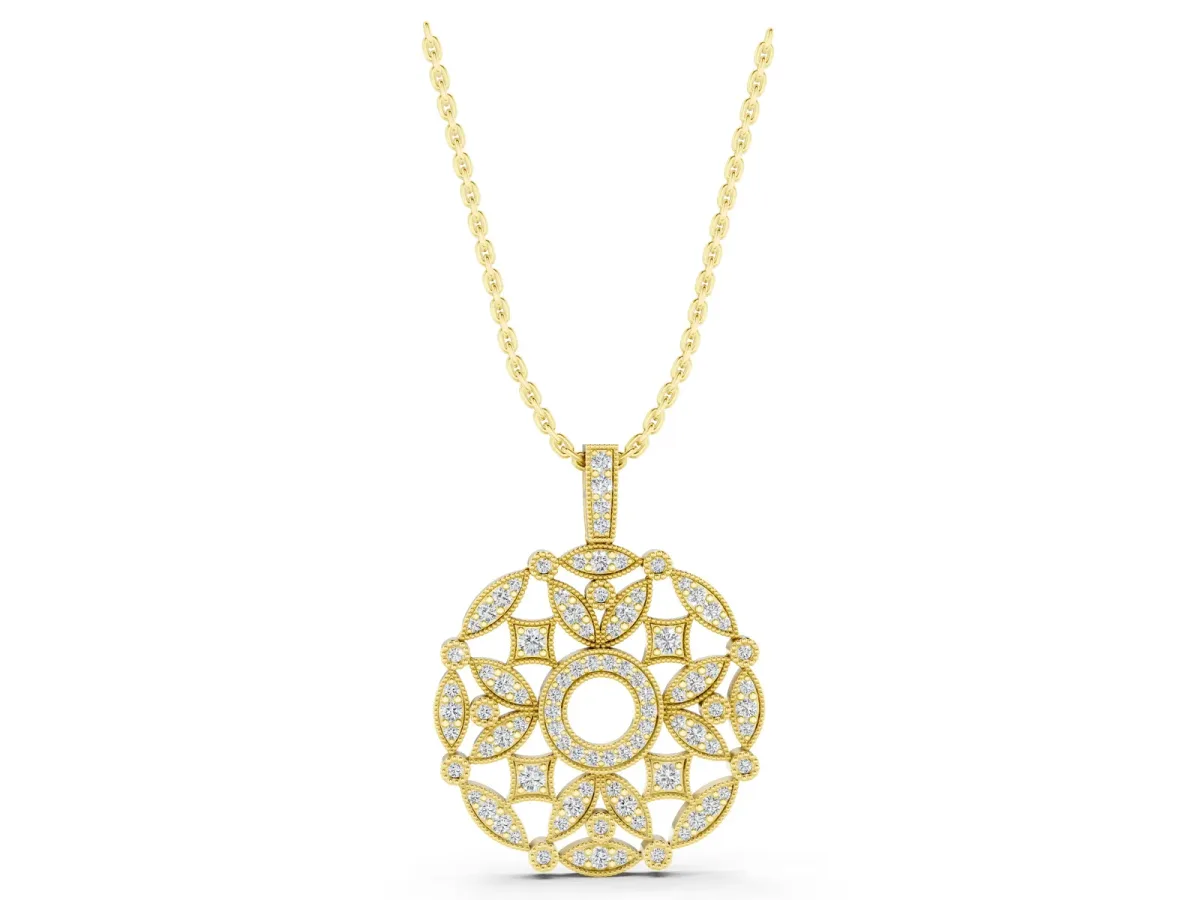Round Diamond Pavé Filigree Pendant Yellow gold