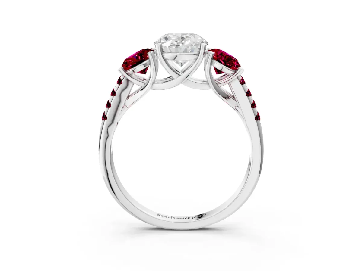 Three-Stone Oval Cut Diamond Ring with Round Garnet Pavé Band and Prong Setting Silver