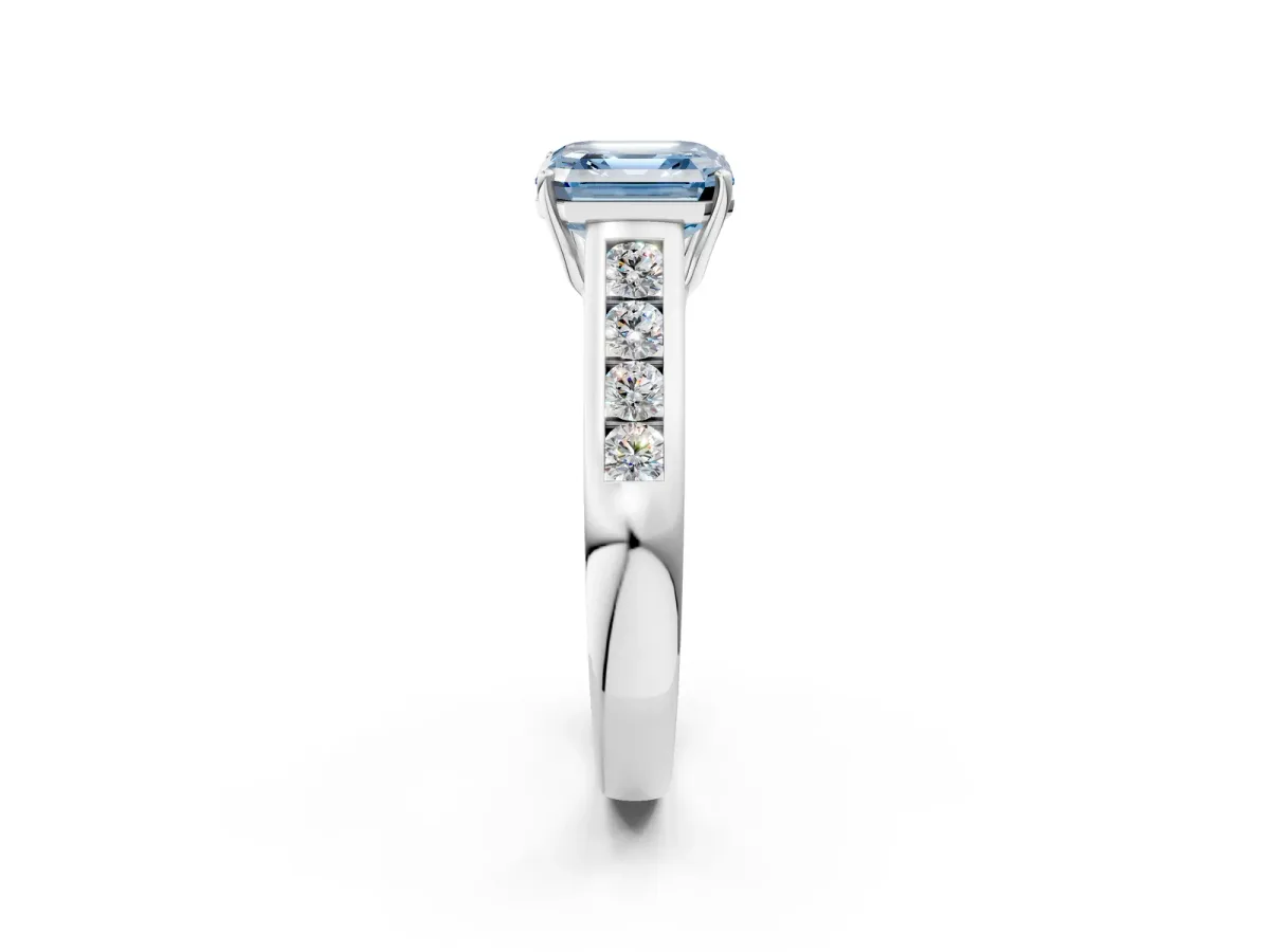 Fancy Blue Asscher Cut Brilliant Channel-Set Solitaire Ring with Four-Prong Setting Platinum