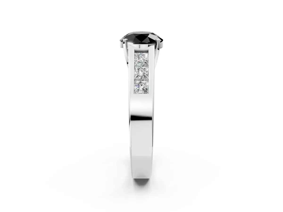 Fancy Black Round Cut Cut Channel Set Solitaire Ring with Four-Prong Setting Silver