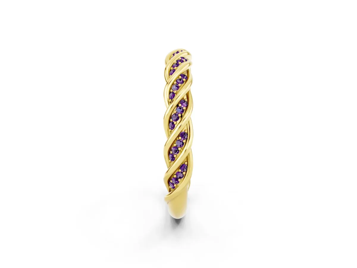 Twisted Pavé Round Amethyst Eternity Band with Shared Prong Setting Yellow gold