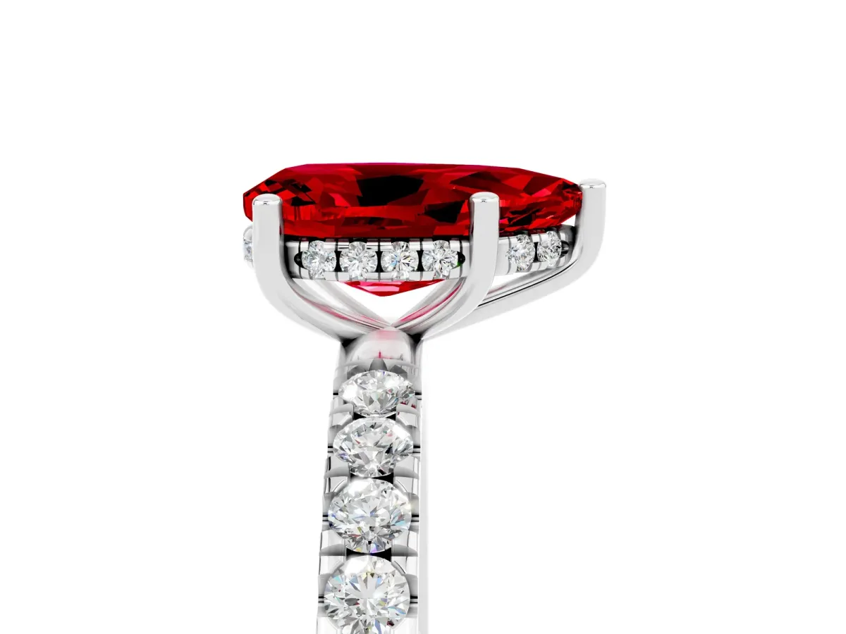 Pear Cut Ruby Pave Band Solitaire Ring with Round and Prong Setting White gold