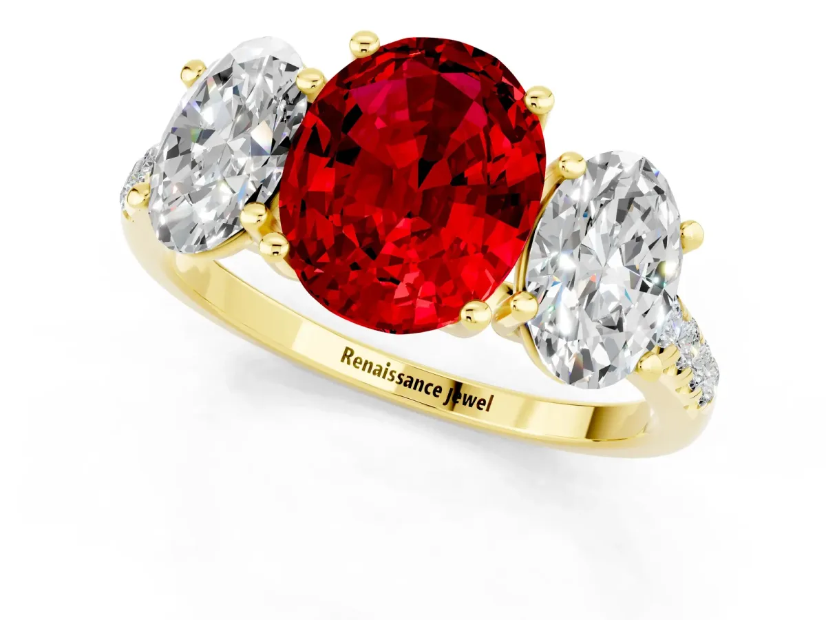 Three-Stone Oval Cut Ruby Ring with Round Pavé Band and Prong Setting Yellow gold