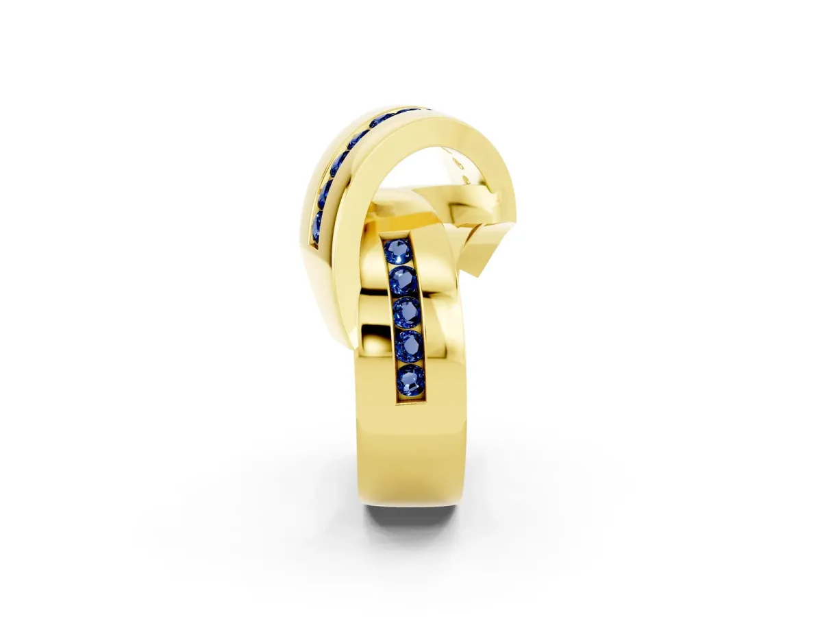 Pavé Round Blue Sapphire Crossover Band with Channel Setting Yellow gold