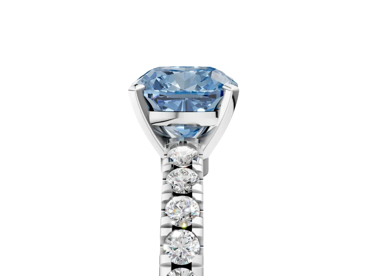 Fancy Blue Cushion Cut Solitaire Diamond with Pavé Band and Four-Prong Setting Silver