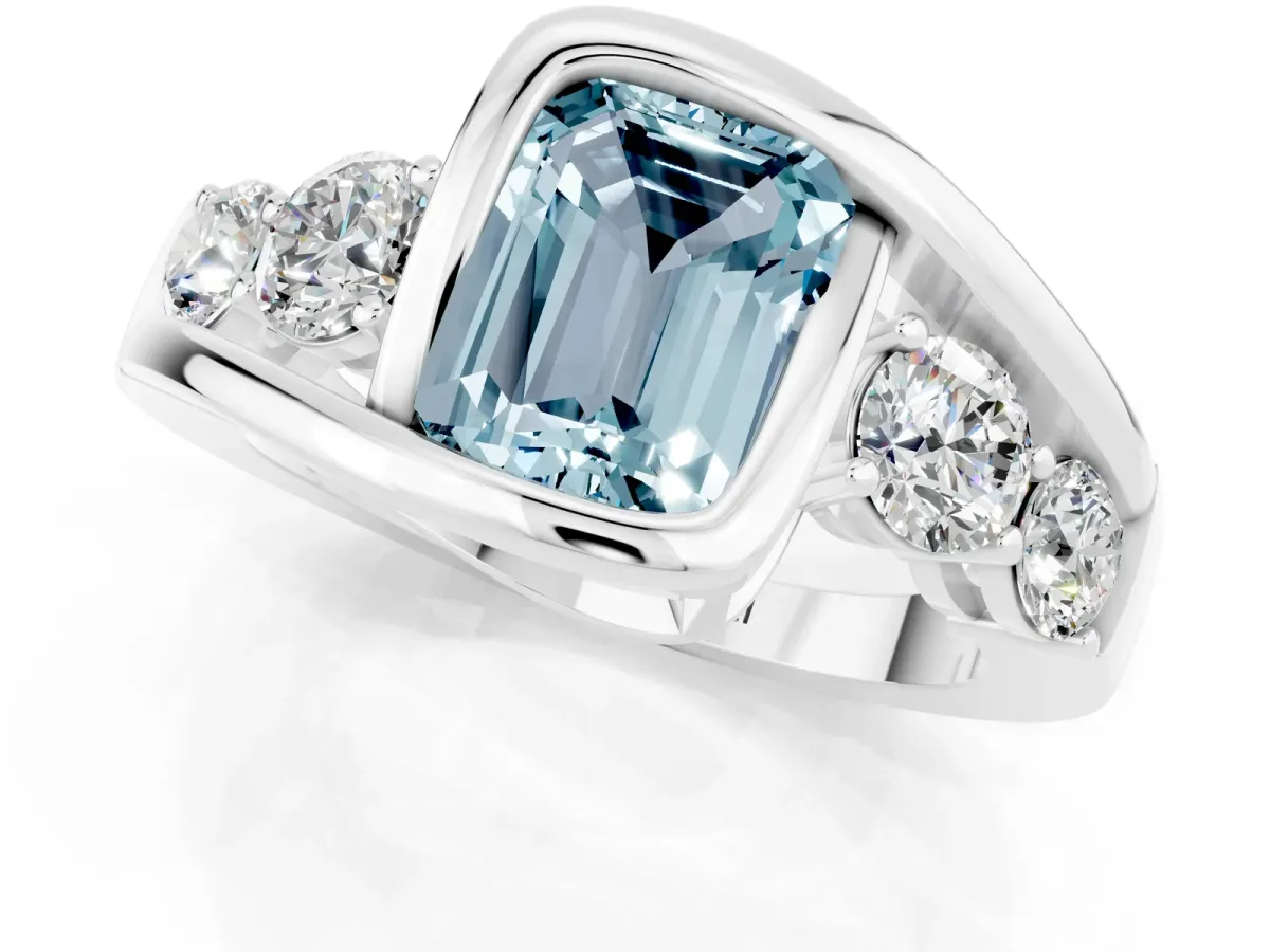Bezel Set Emerald Cut Aquamarine Bypass Ring with Round Accents Platinum