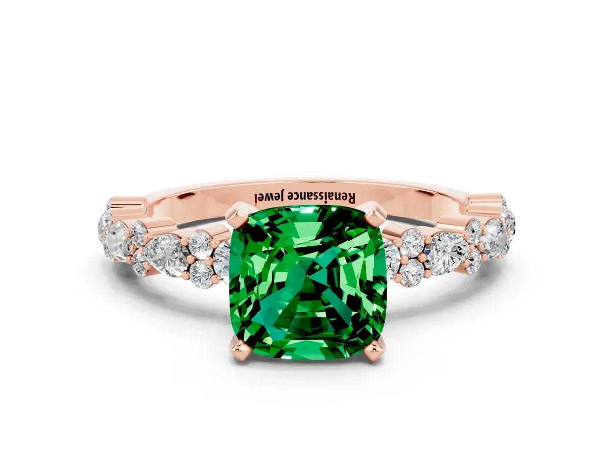 Cushion Cut Emerald Side Stone Solitaire Ring with Round and Four-Prong Setting Rose gold
