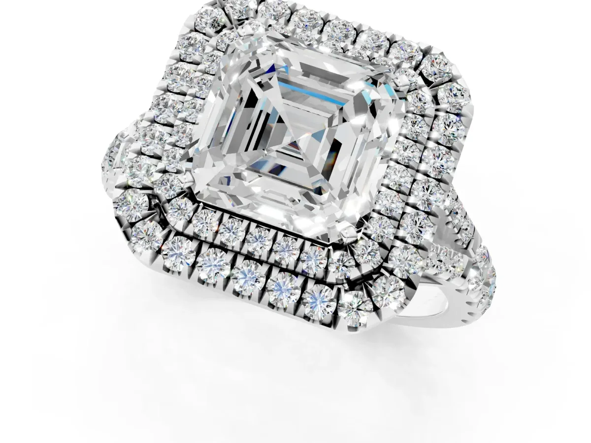 Asscher Cut Cut Double Halo Split Shank Diamond Ring with Prong Setting Platinum