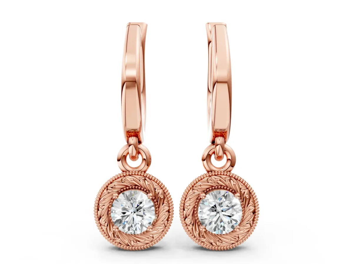 Round Cut Milgrain Bezel Set Leverback Earrings Rose gold