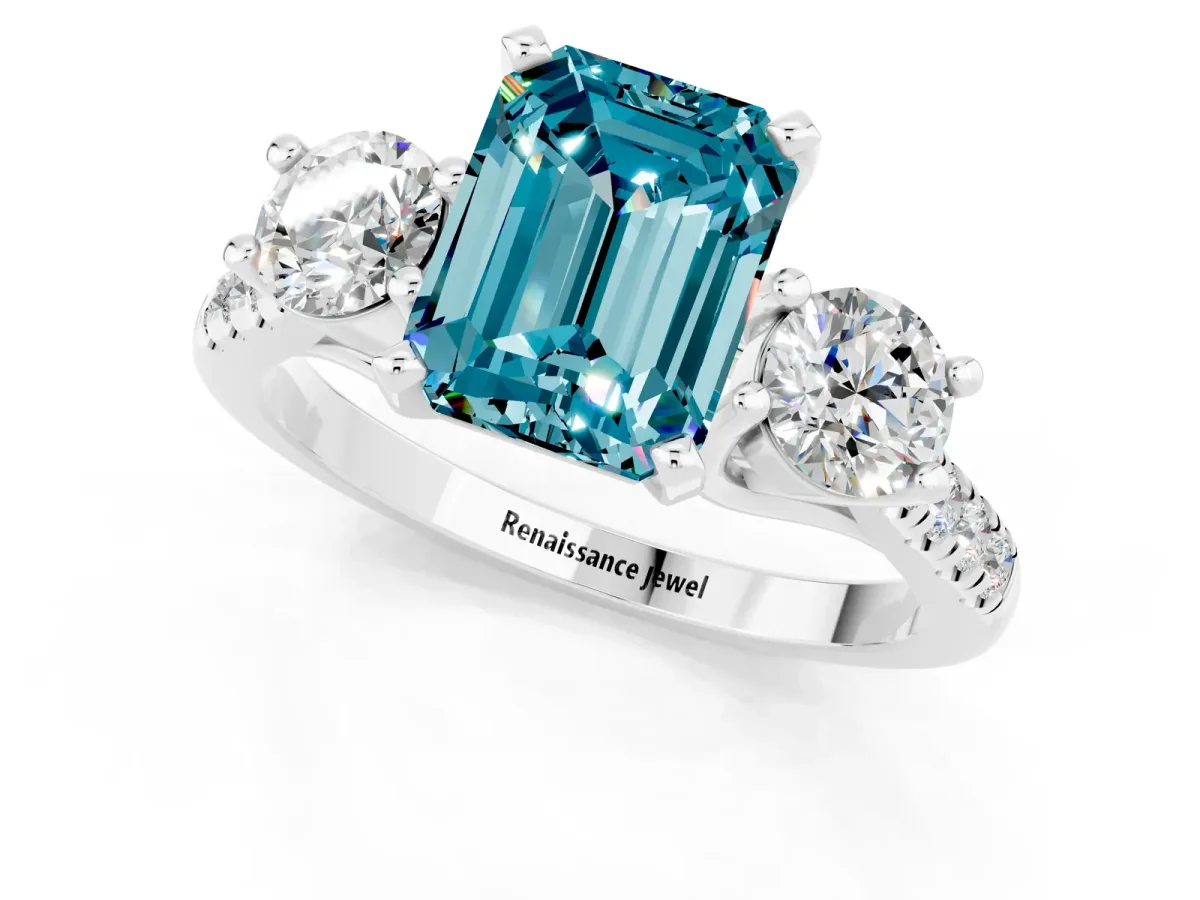 Three-Stone Emerald Cut Blue Topaz Pavé Band with Four-Prong Setting Silver