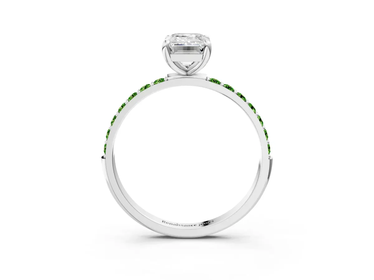 Emerald Cut Diamond Solitaire Ring with Round Peridot Pavé Band and Prong Setting Silver