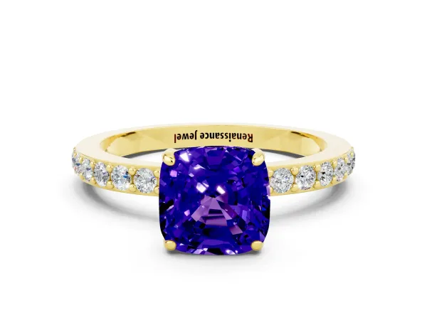 Cushion Cut Tanzanite Solitaire Engagement Ring with Pavé Band and Four-Prong Setting Yellow gold