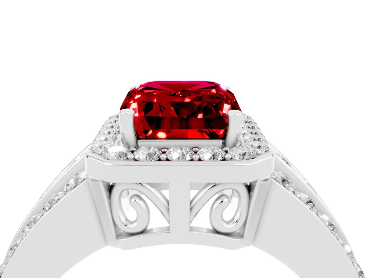 Emerald Cut Halo Ruby Ring with Round Split Shank and Prong Setting Platinum