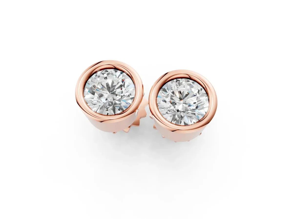 Bezel Set Round Diamond Stud Earrings with Push Back Rose gold
