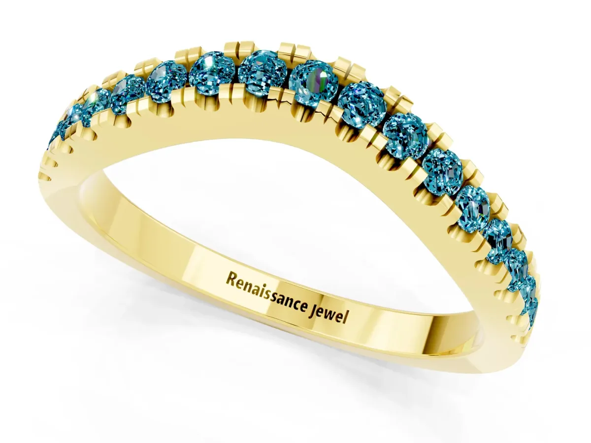 Round Blue Topaz Pavé Curved Band with Shared Prong Setting Yellow gold