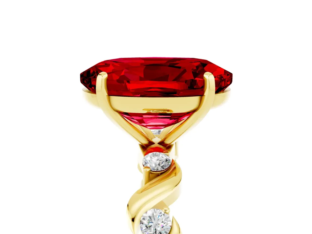 Oval Cut Ruby Solitaire Twisted Band with Round Accents and Prong Setting Yellow gold