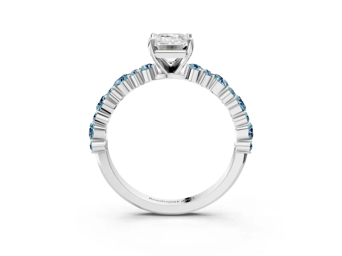 Emerald Cut Diamond Side Stone Solitaire Ring with Round Aquamarine and Four-Prong Setting Silver
