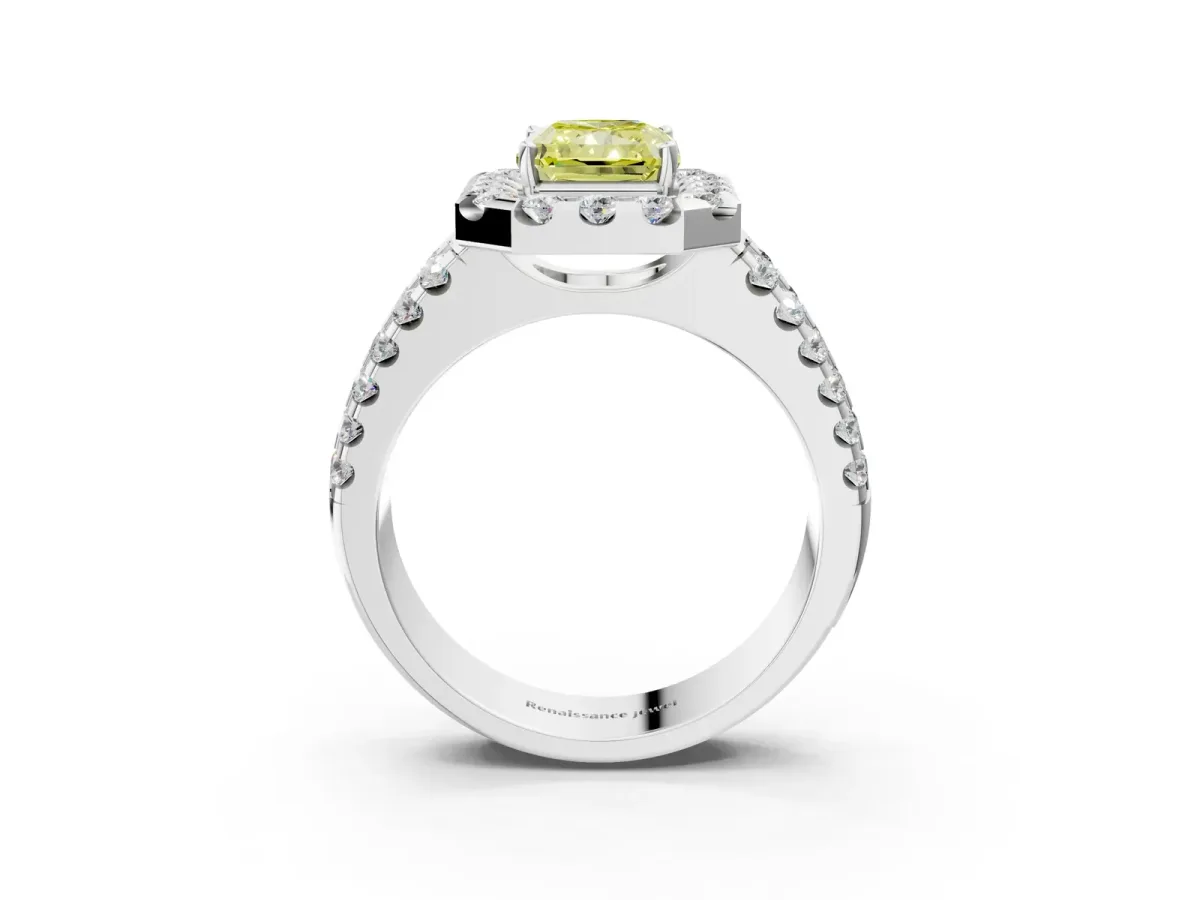 Fancy Yellow Radiant Cut Halo Diamond Split Shank Engagement Ring with Prong Setting Platinum