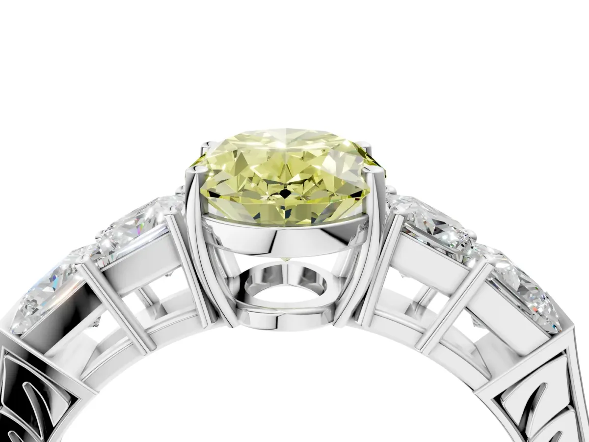 Fancy Yellow Oval Cut Solitaire Princess Side Stone Engraved Band Prong Setting Ring Platinum