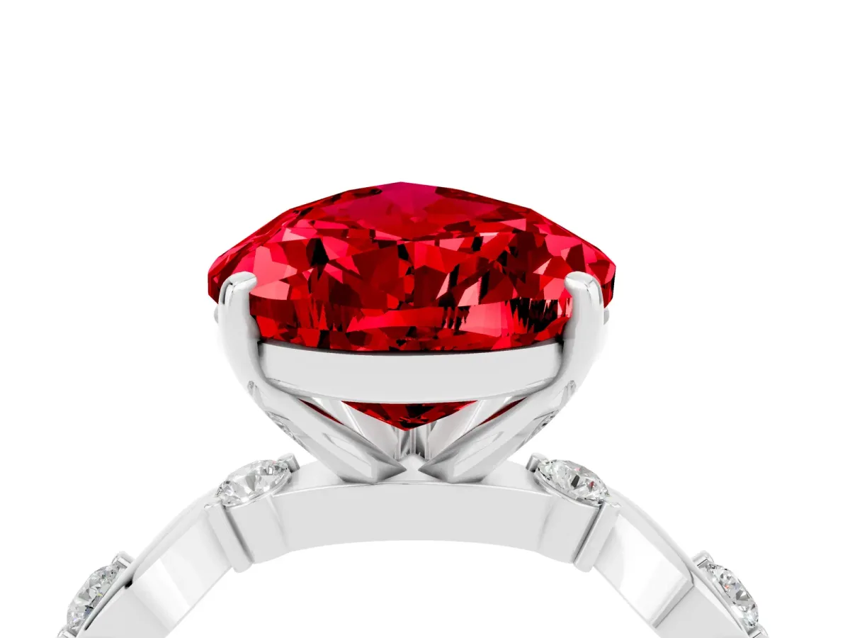 Pear Cut Ruby Solitaire Twisted Band with Round Accents and Prong Setting Silver