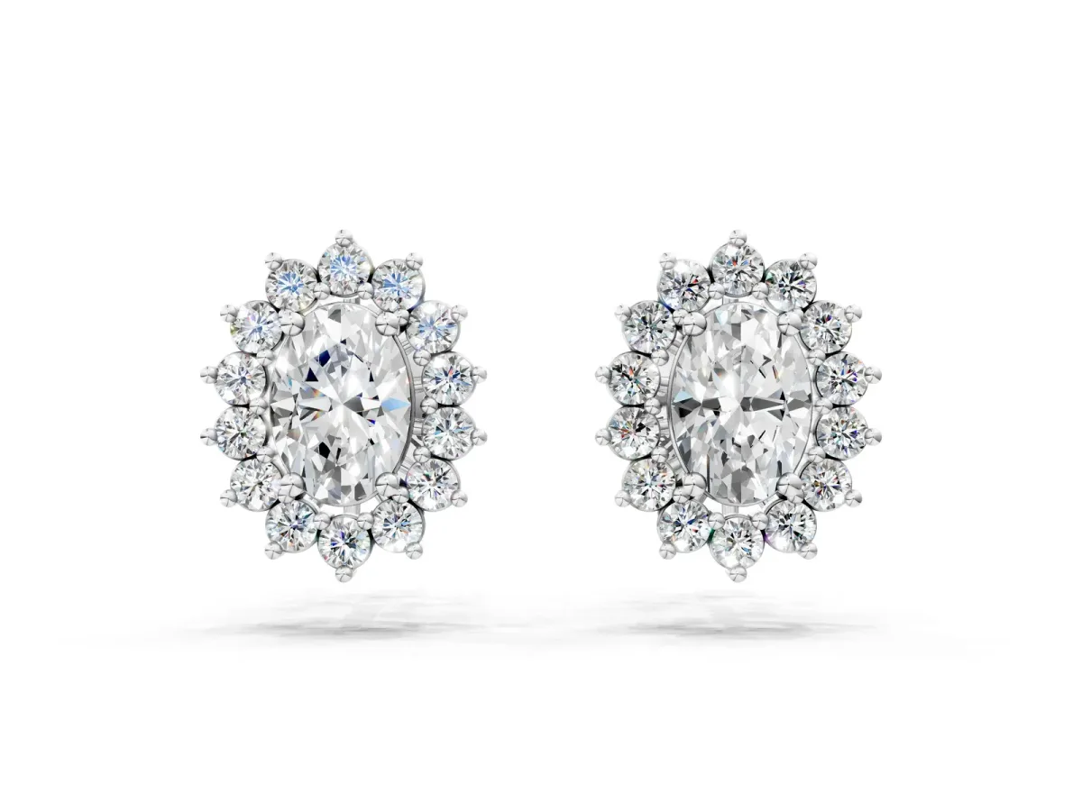 Oval Diamond Floral Halo Stud Earrings Silver
