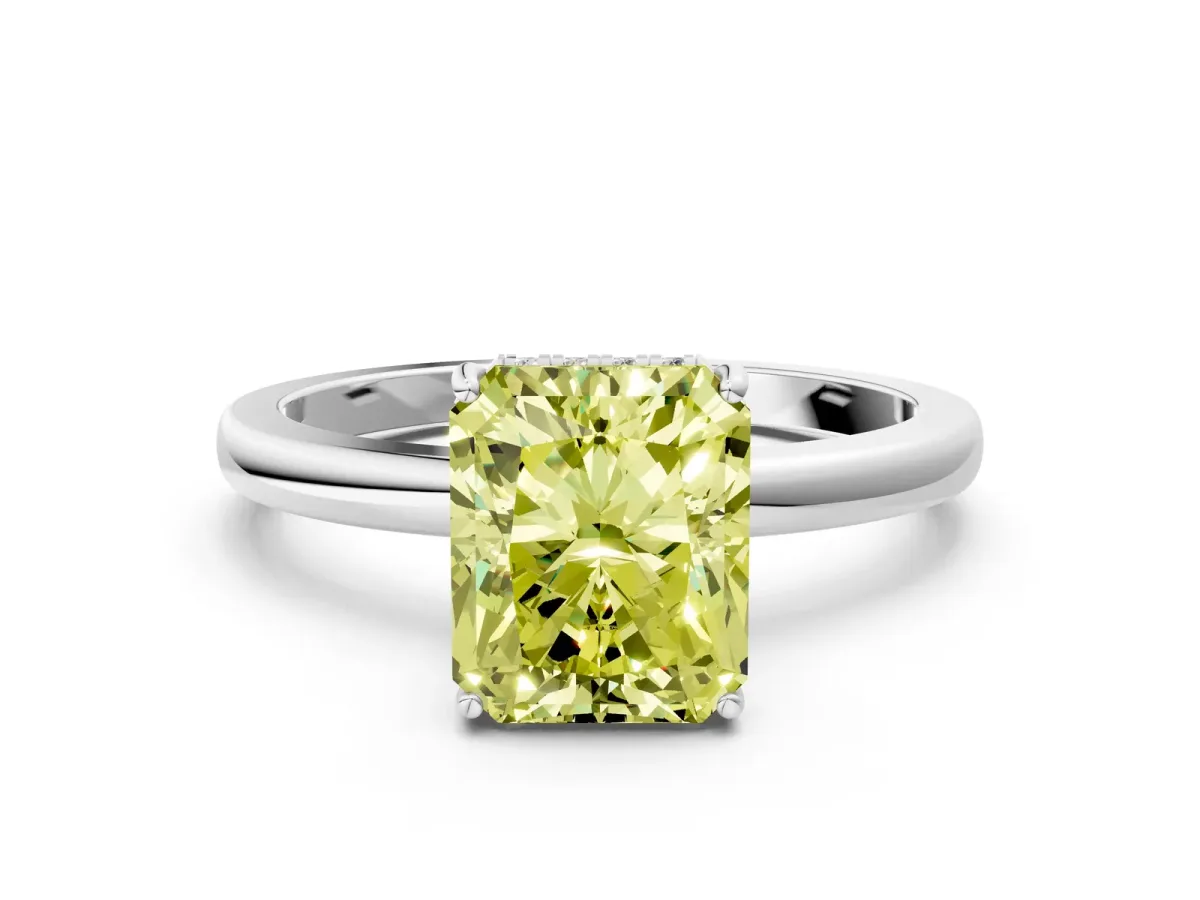 Fancy Yellow Radiant Cut Solitaire Diamond Ring with Prong Setting and Plain Band Silver