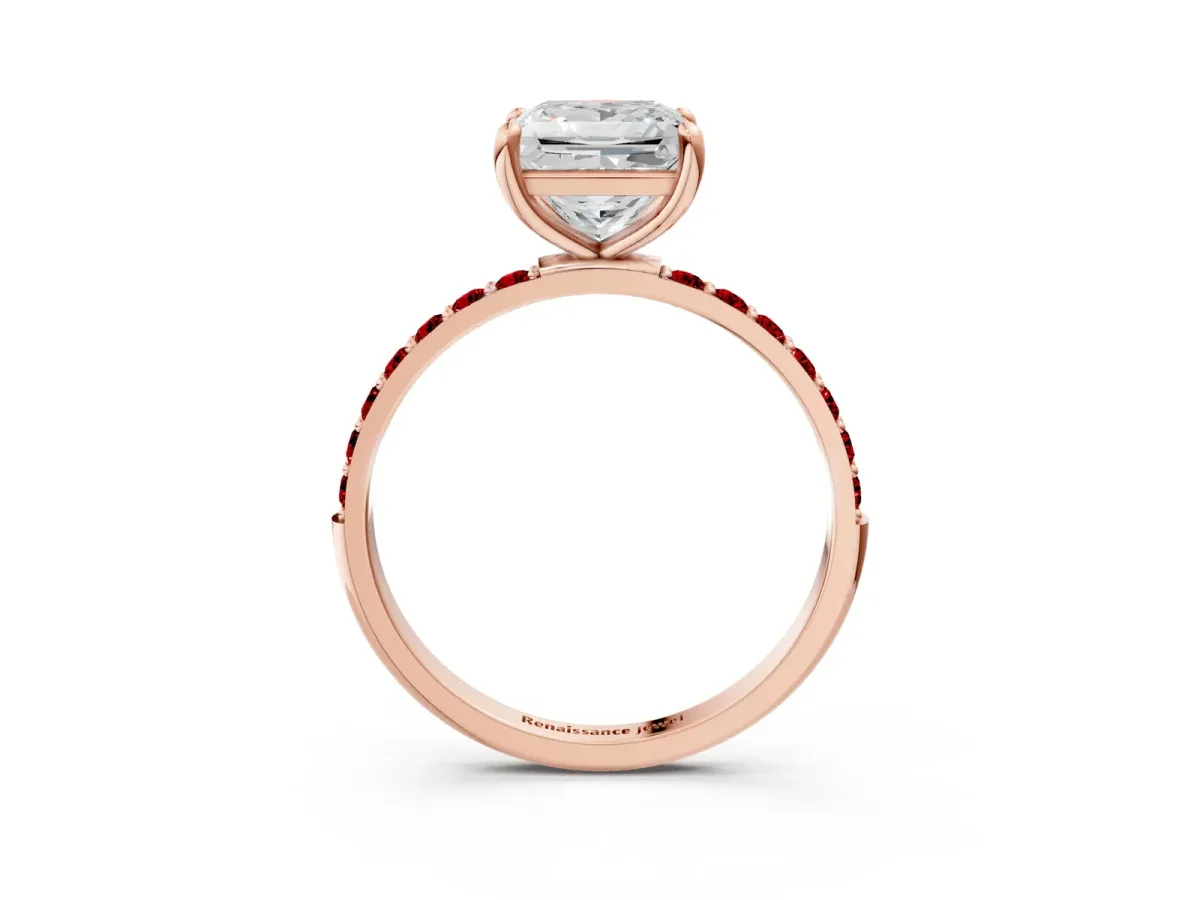 Princess Cut Diamond Solitaire Ring with Round Ruby Pavé Band and Prong Setting Rose gold